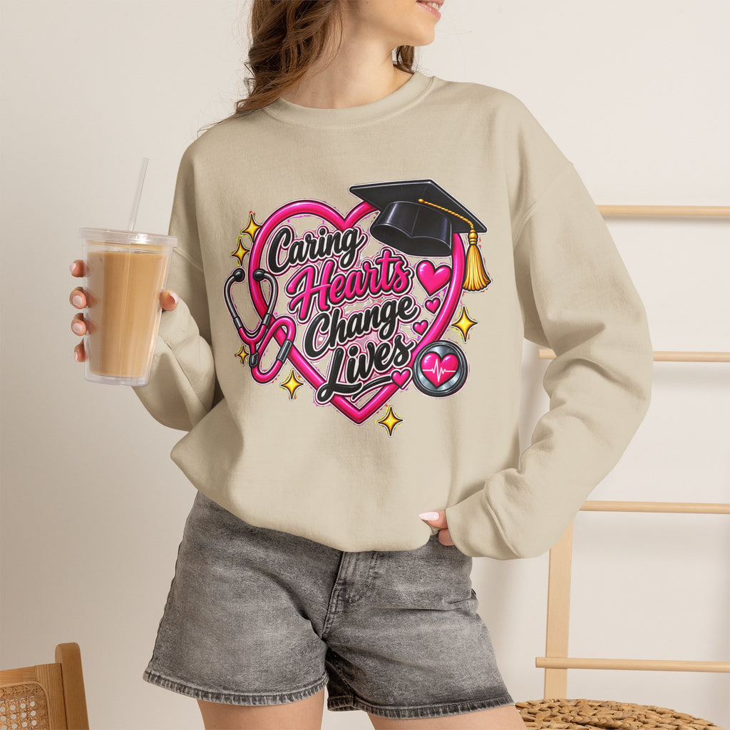 Caring Hearts Change Lives Sweatshirt — Nurse Graduation Stethoscope Crewneck