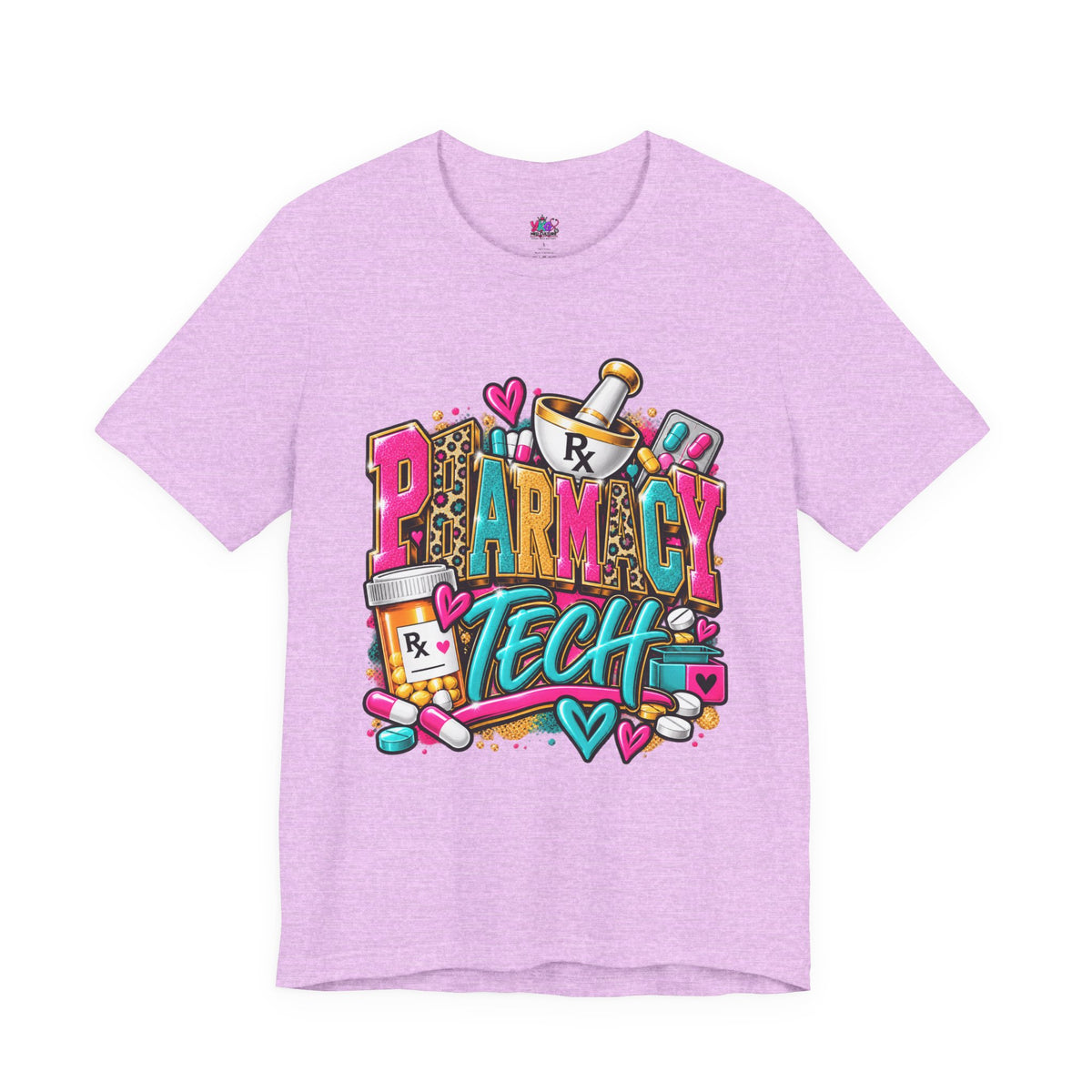 Pharmacy Tech T-Shirt – Colorful Heart & Pill Graphic Tee for Pharmacy Technicians