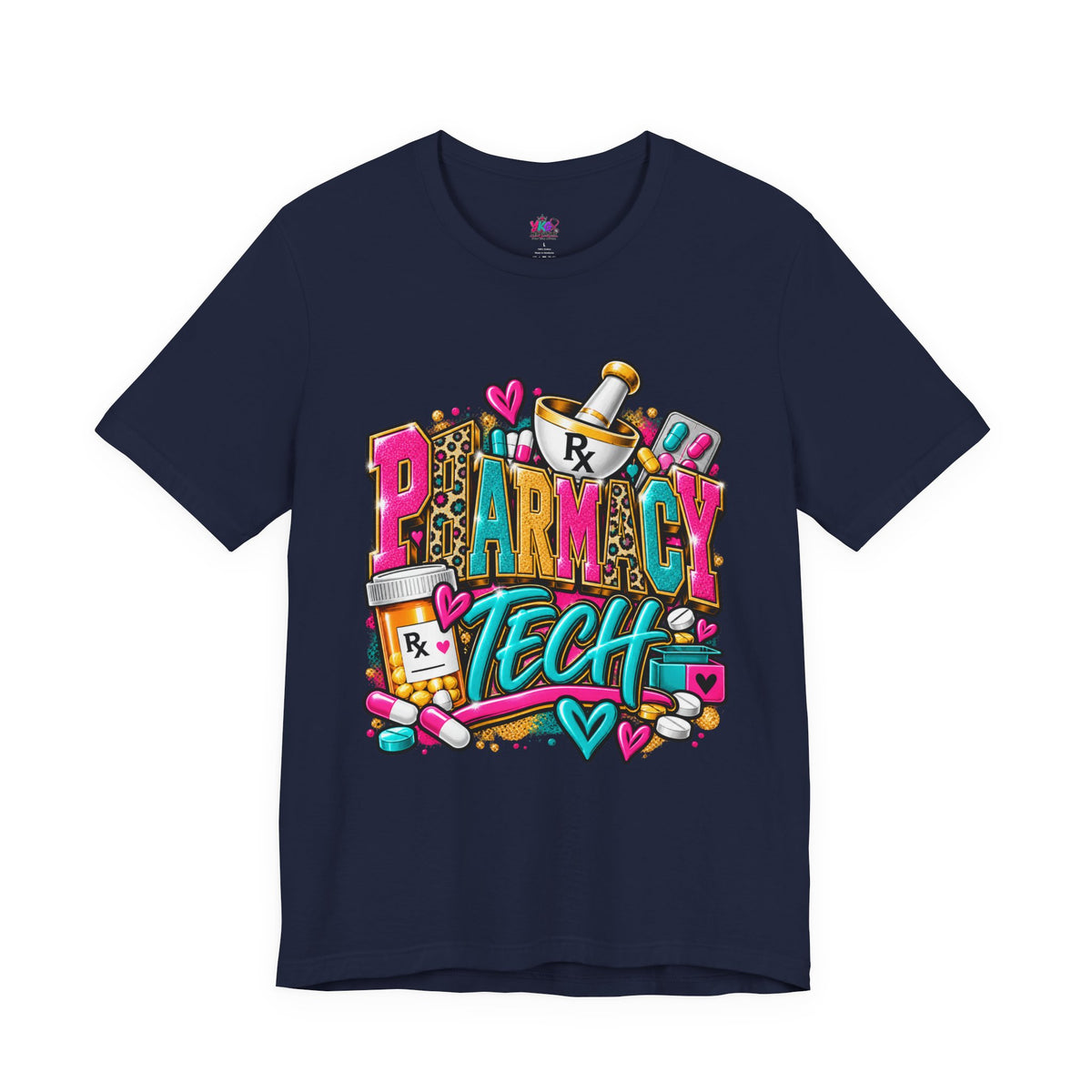 Pharmacy Tech T-Shirt – Colorful Heart & Pill Graphic Tee for Pharmacy Technicians