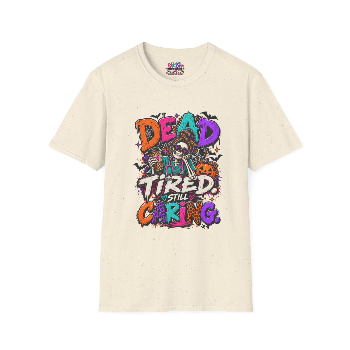 Dead Tired Still Caring Graphic T-Shirt — Funny Gothic Skull Tee