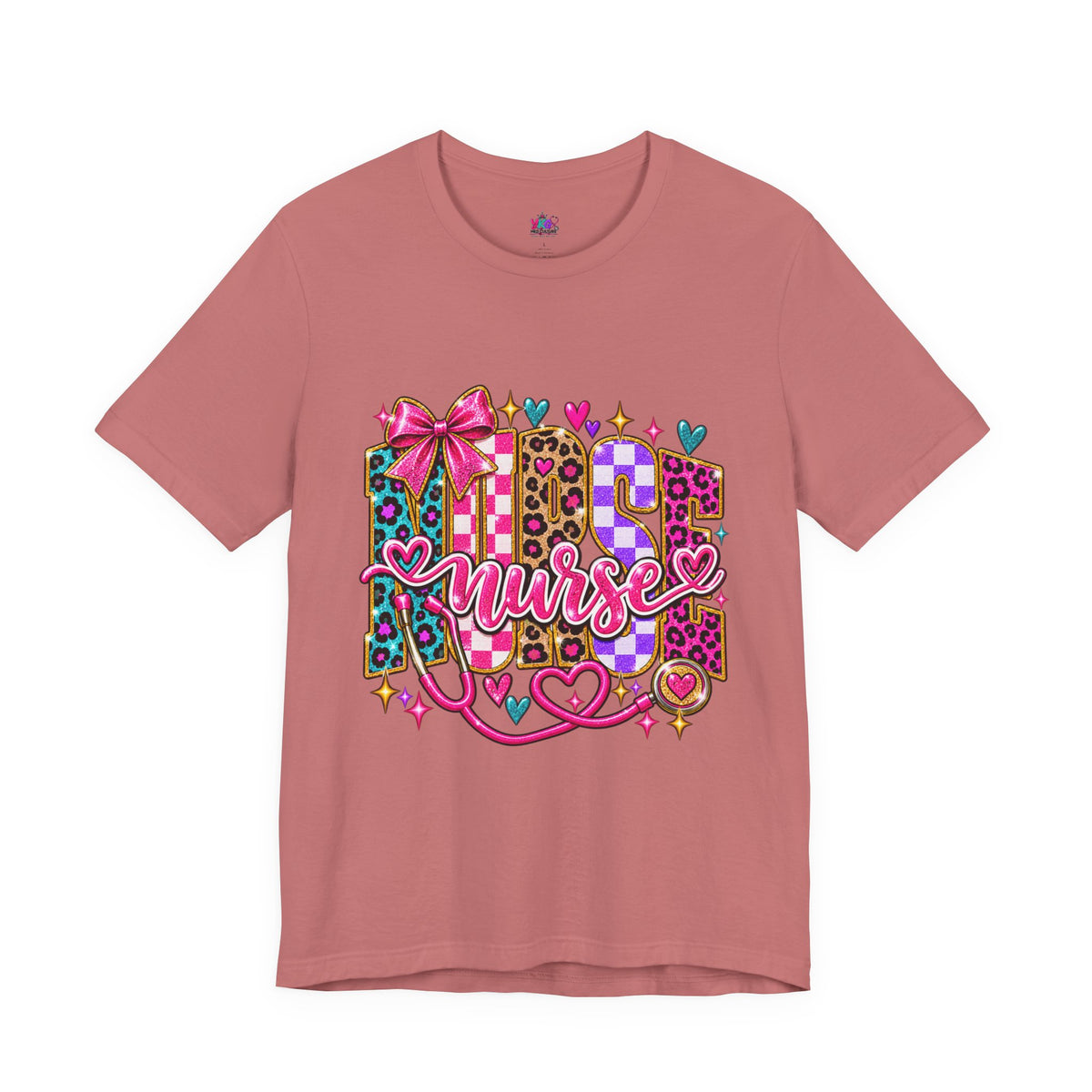 Nurse Graphic Tee — Colorful Leopard Scrub Letters with Hearts & Bow