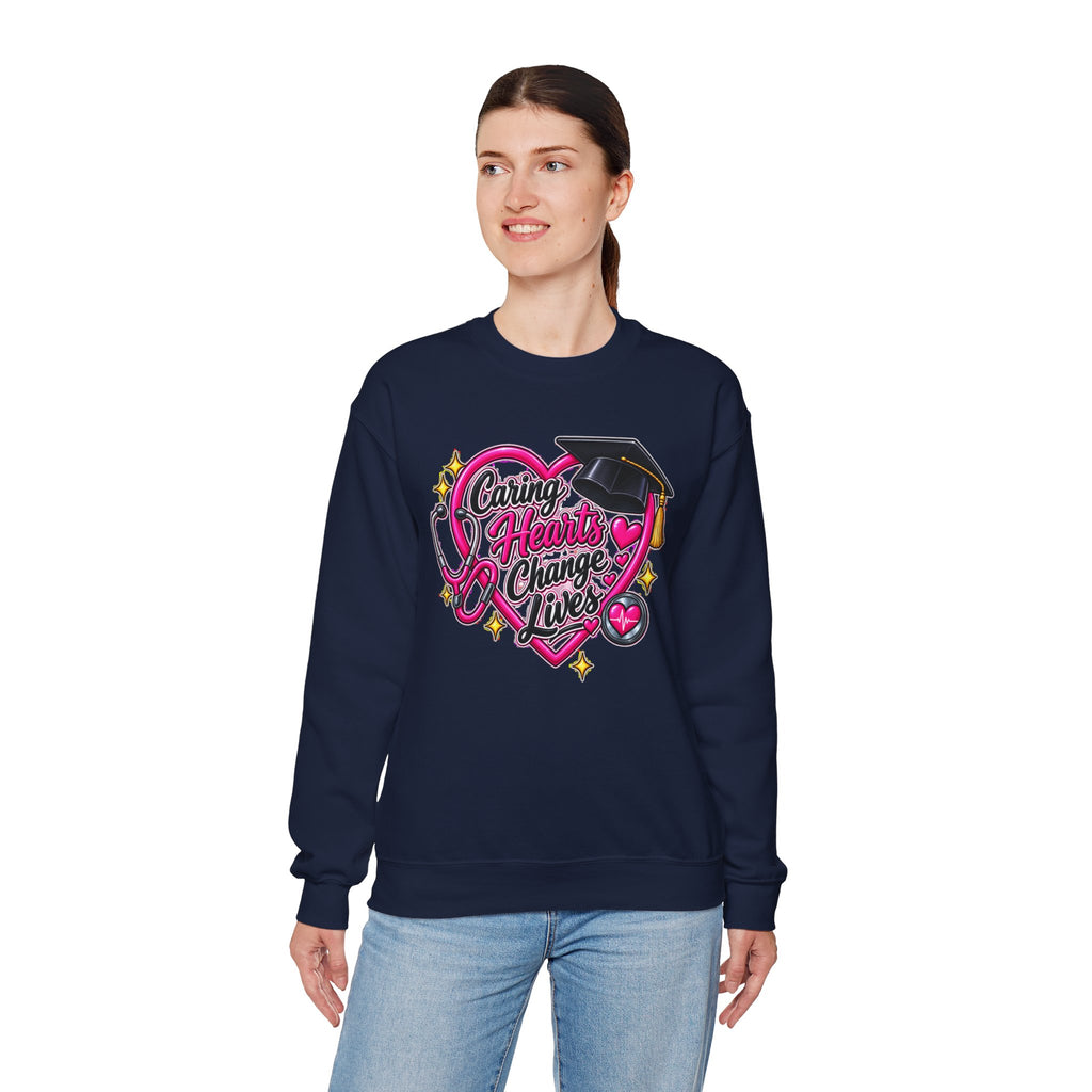 Caring Hearts Change Lives Sweatshirt — Nurse Graduation Stethoscope Crewneck