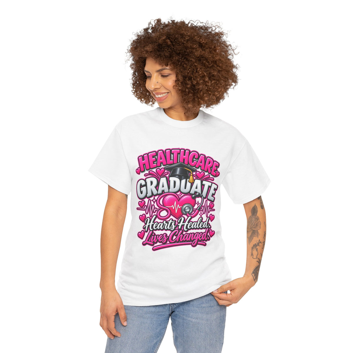 Healthcare Graduate T-Shirt — "Hearts Healed, Lives Changed" Nursing Grad Tee
