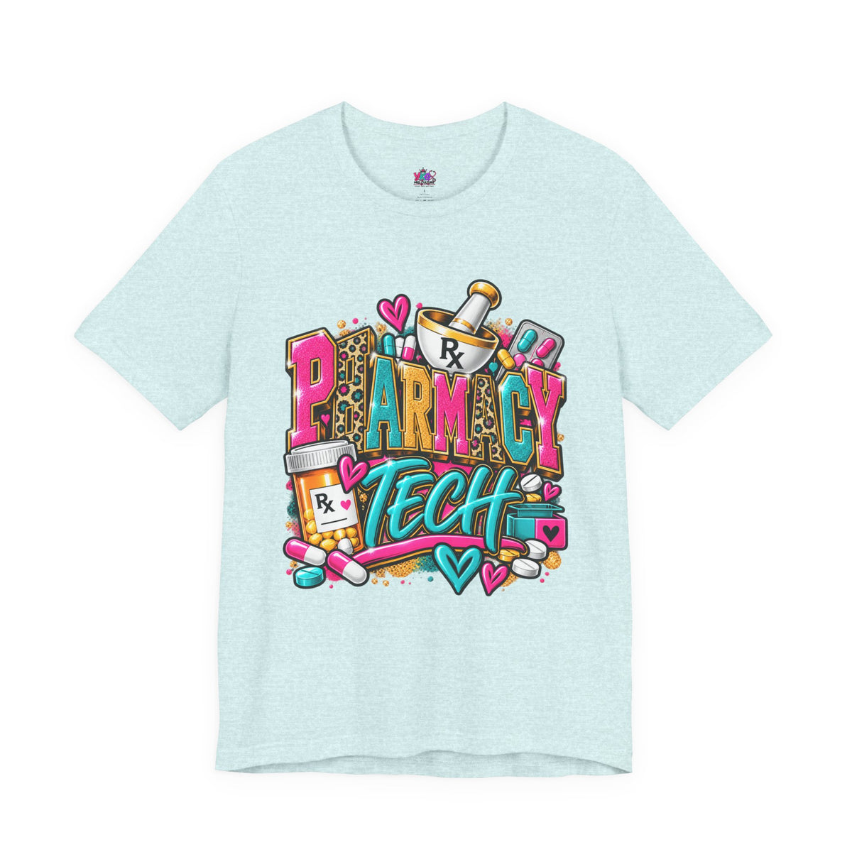 Pharmacy Tech T-Shirt – Colorful Heart & Pill Graphic Tee for Pharmacy Technicians
