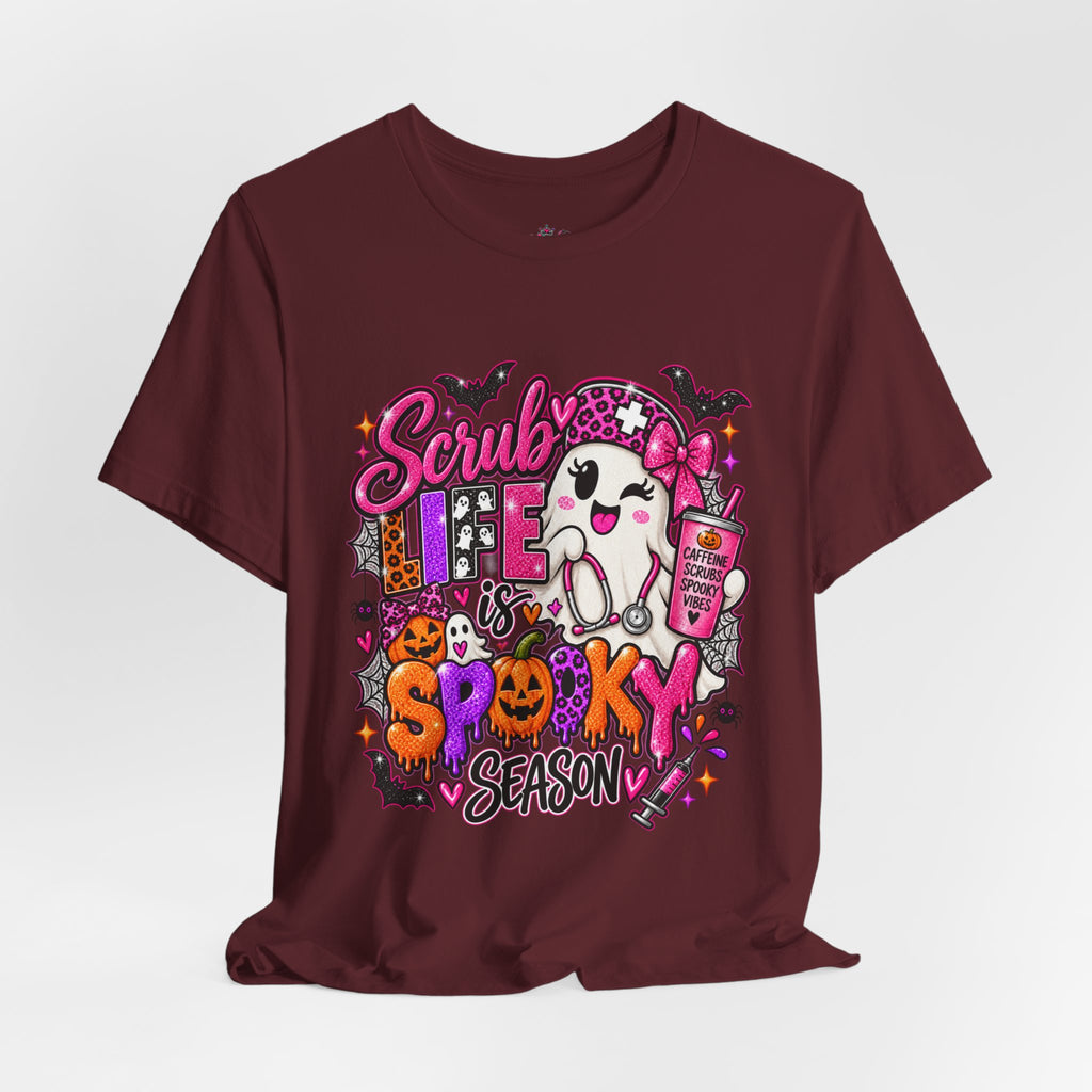 Spooky Season Scrub Life Graphic Tee — Halloween Nurse & Healthcare Cartoon Shirt