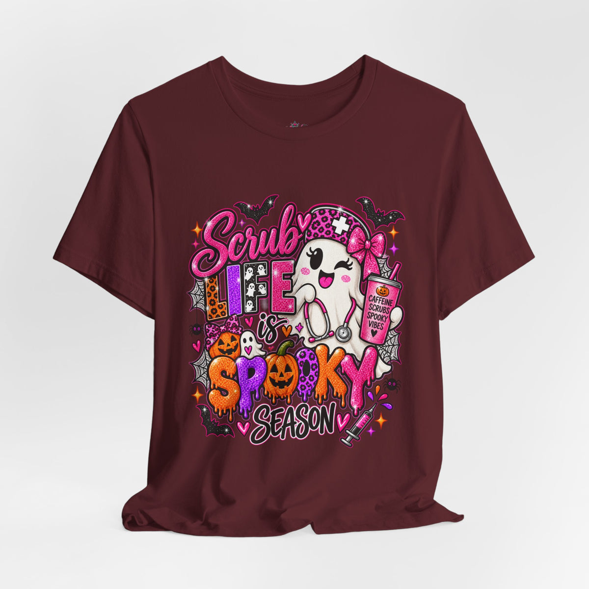 Spooky Season Scrub Life Graphic Tee — Halloween Nurse & Healthcare Cartoon Shirt
