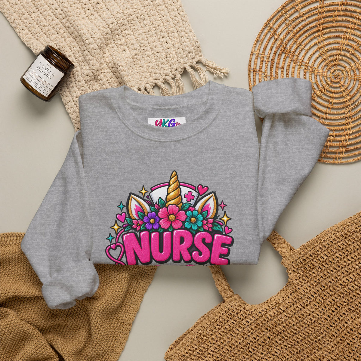 Crewneck Sweatshirt — "Nurse Like a Regular Nurse, Only More Magical" Cute Unicorn Nursing Pullover