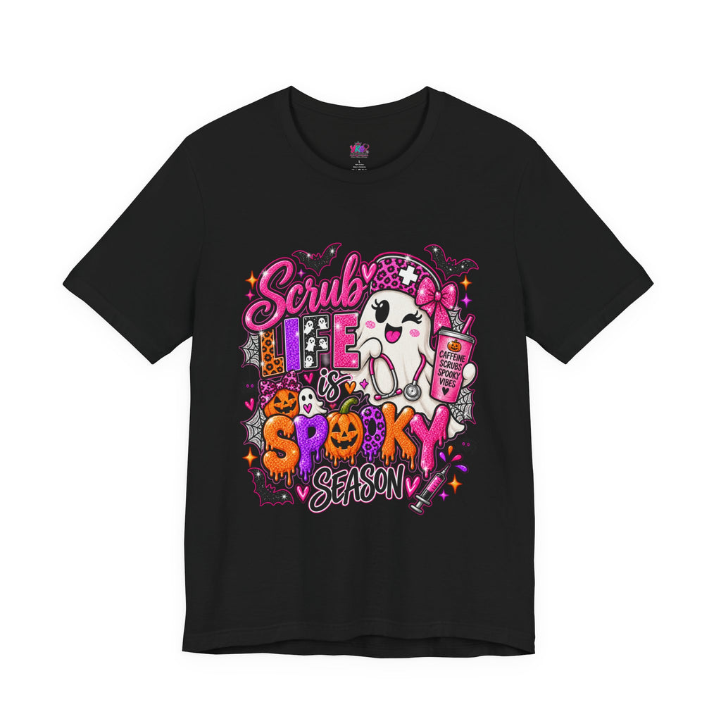 Spooky Season Scrub Life Graphic Tee — Halloween Nurse & Healthcare Cartoon Shirt