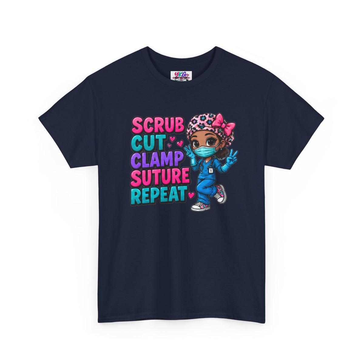 Surgical Nurse Tee — "Scrub Cut Clamp Suture Repeat" Cute Cartoon Design