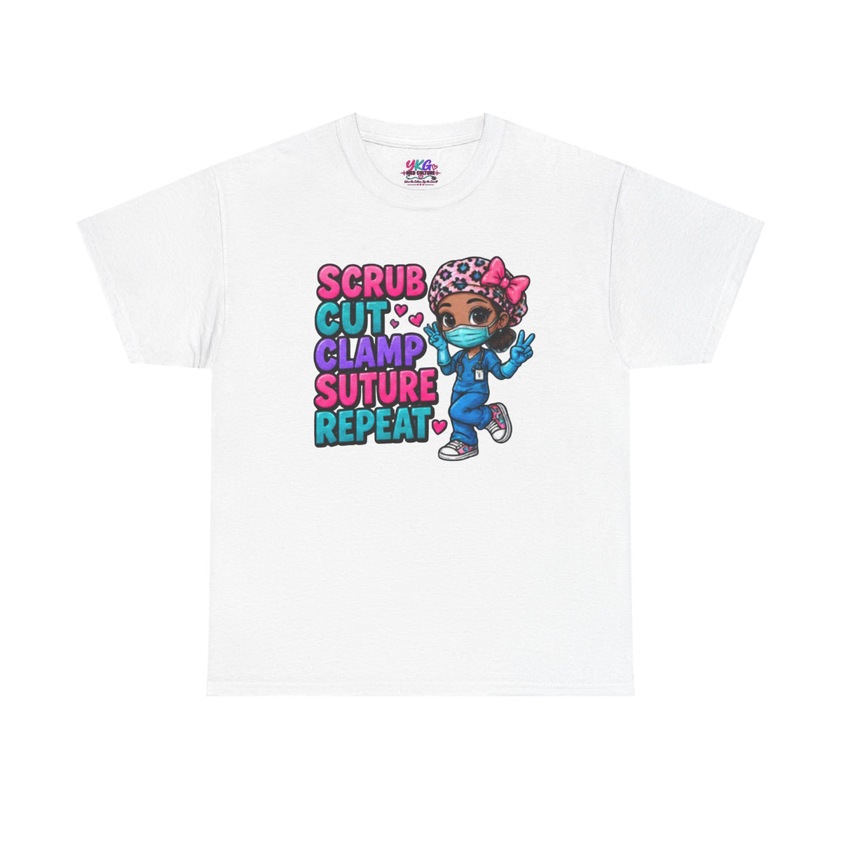 Surgical Nurse Tee — "Scrub Cut Clamp Suture Repeat" Cute Cartoon Design