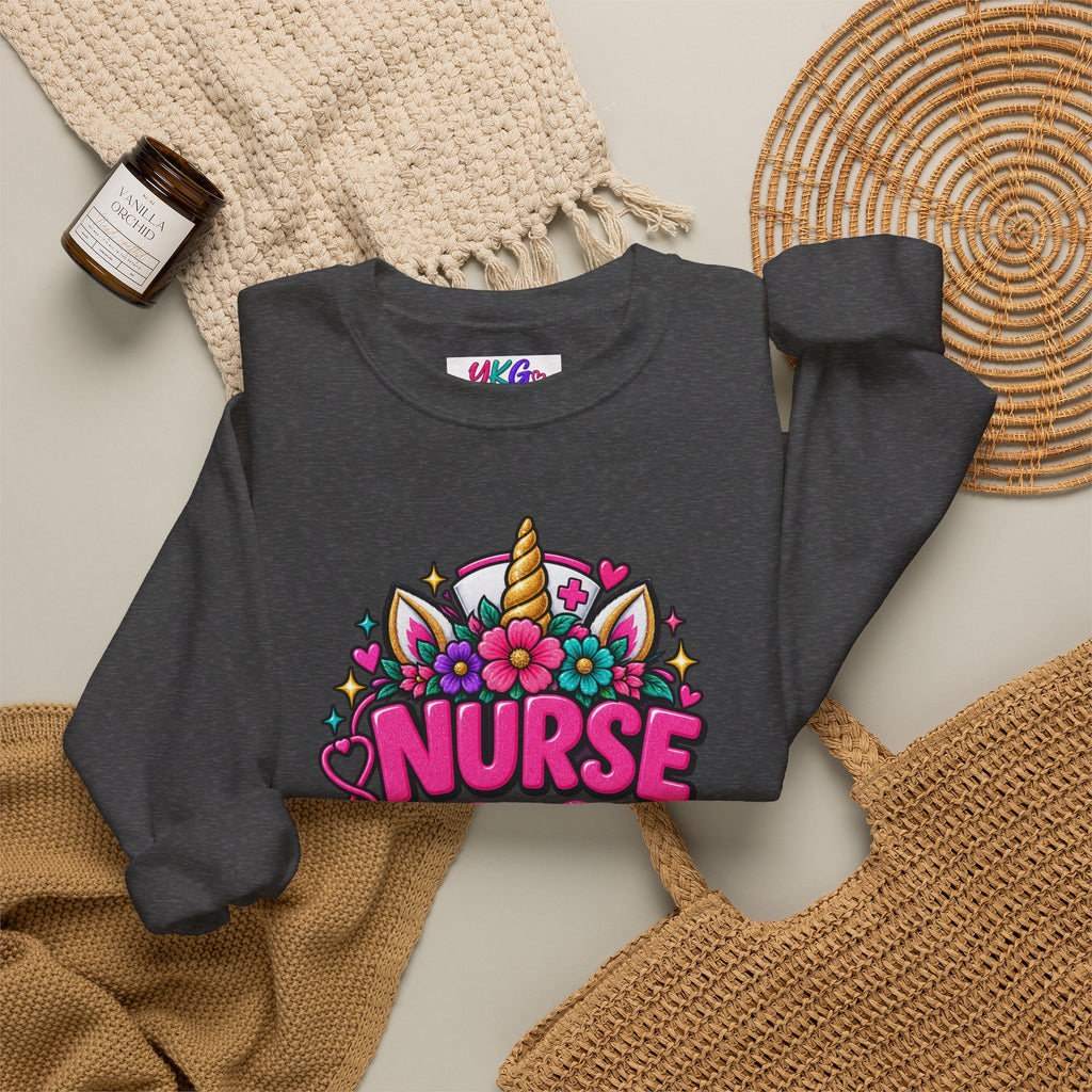 Crewneck Sweatshirt — "Nurse Like a Regular Nurse, Only More Magical" Cute Unicorn Nursing Pullover