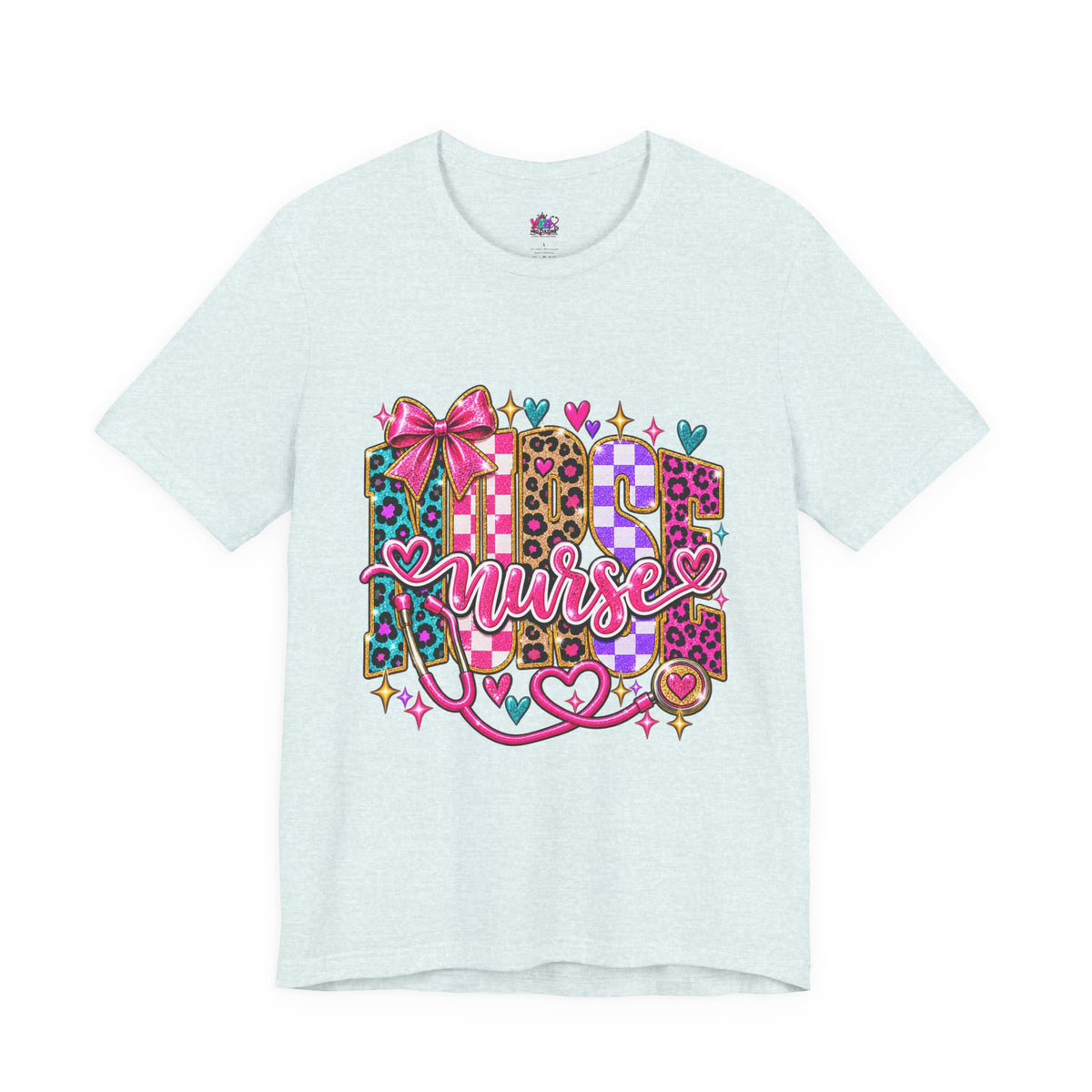 Nurse Graphic Tee — Colorful Leopard Scrub Letters with Hearts & Bow