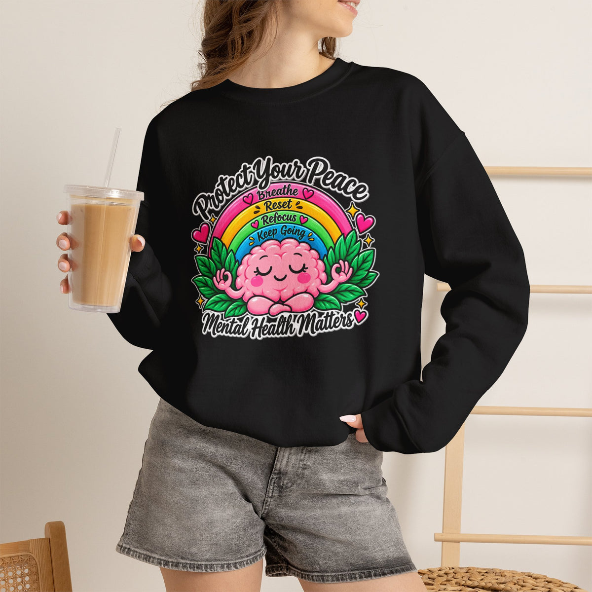 Protect Your Peace Crewneck Sweatshirt — Mental Health Matters Rainbow Brain