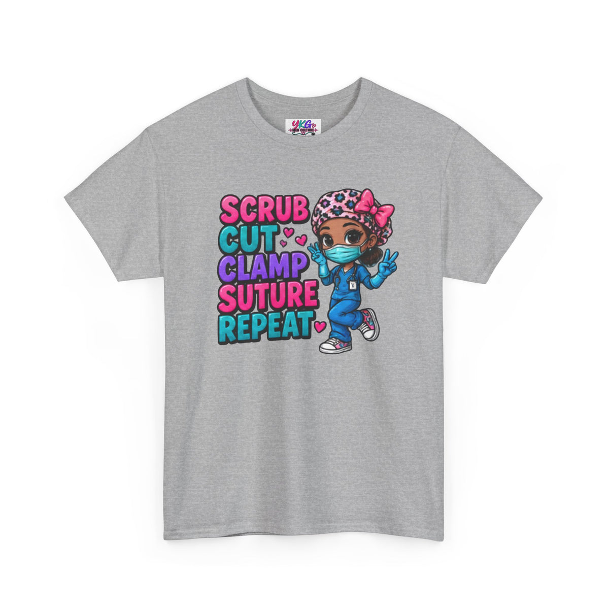Surgical Nurse Tee — "Scrub Cut Clamp Suture Repeat" Cute Cartoon Design