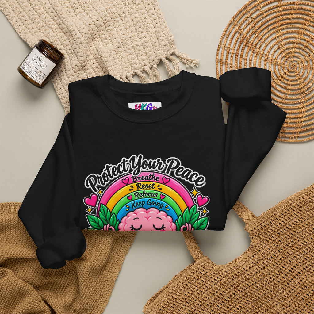 Protect Your Peace Crewneck Sweatshirt — Mental Health Matters Rainbow Brain