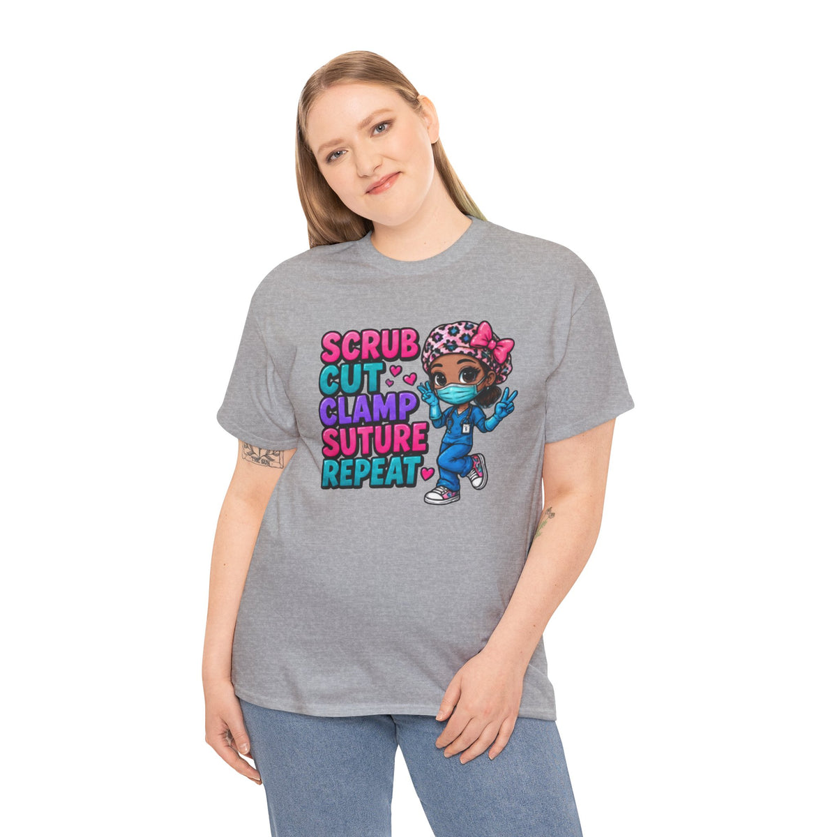 Surgical Nurse Tee — "Scrub Cut Clamp Suture Repeat" Cute Cartoon Design