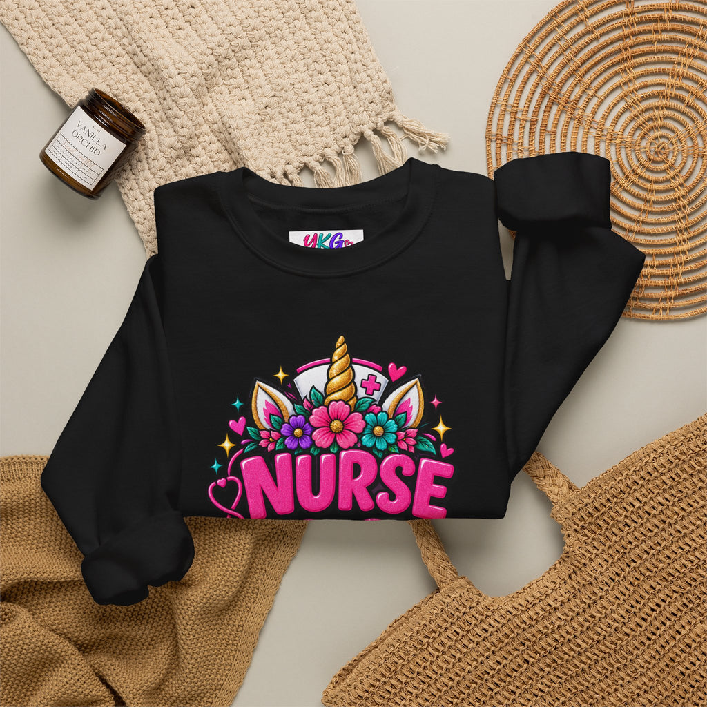Crewneck Sweatshirt — "Nurse Like a Regular Nurse, Only More Magical" Cute Unicorn Nursing Pullover