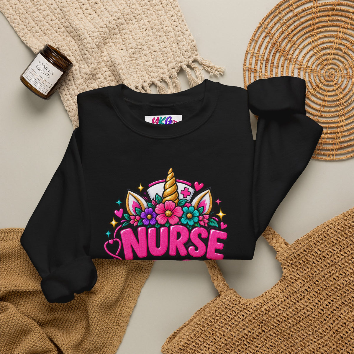 Crewneck Sweatshirt — "Nurse Like a Regular Nurse, Only More Magical" Cute Unicorn Nursing Pullover