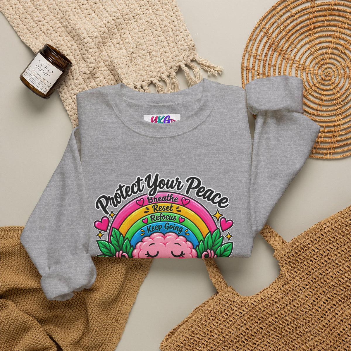 Protect Your Peace Crewneck Sweatshirt — Mental Health Matters Rainbow Brain