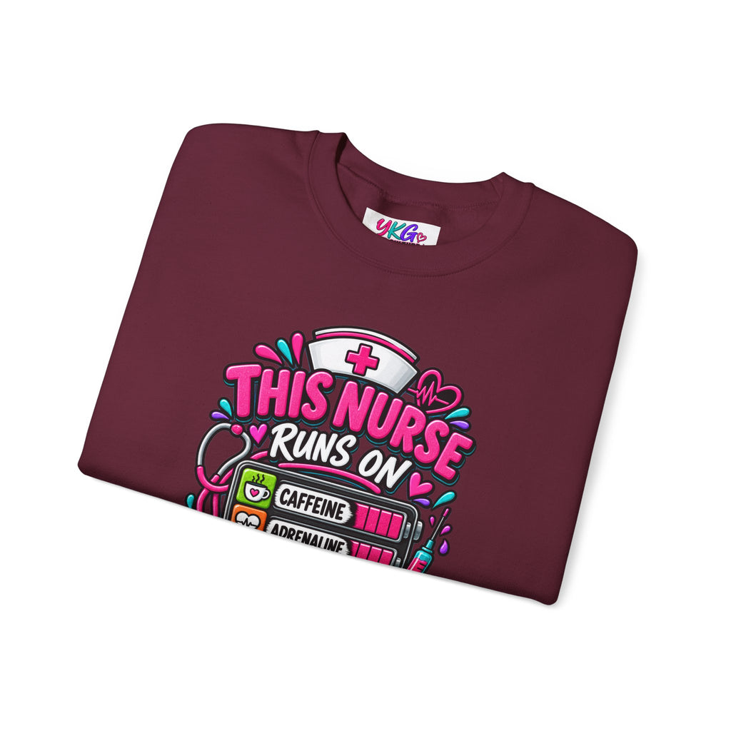Nurse Crewneck Sweatshirt — "This Nurse Runs on Caffeine, Compassion & Cuss Words" Embroidered