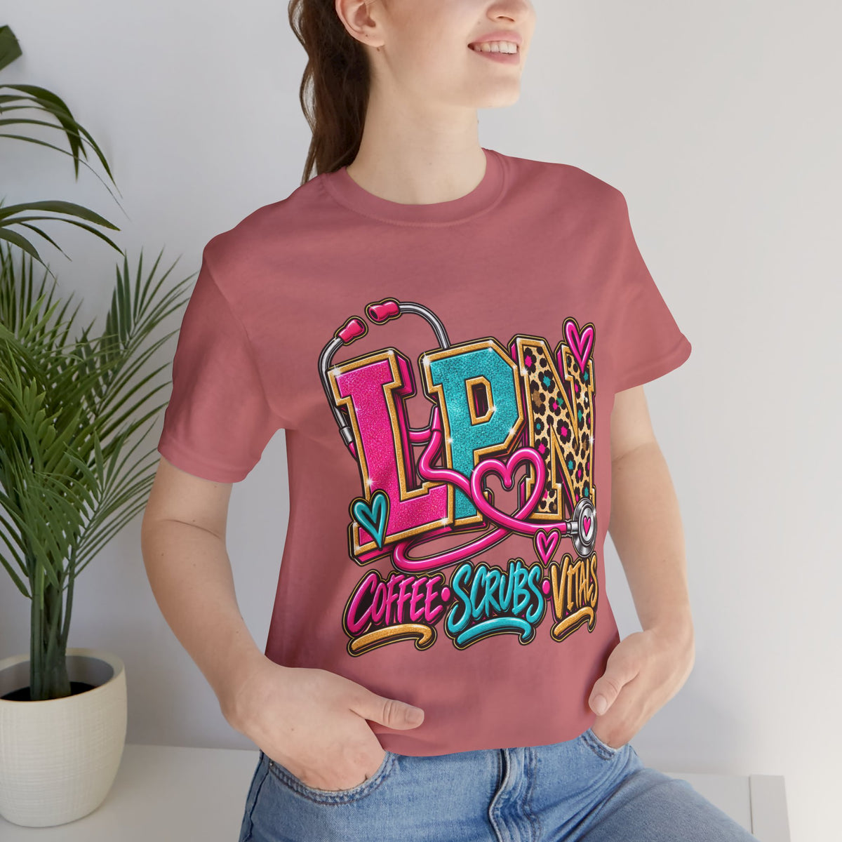 LPN Tee — “Coffee, Scrubs, Vitals” Colorful Stethoscope Design