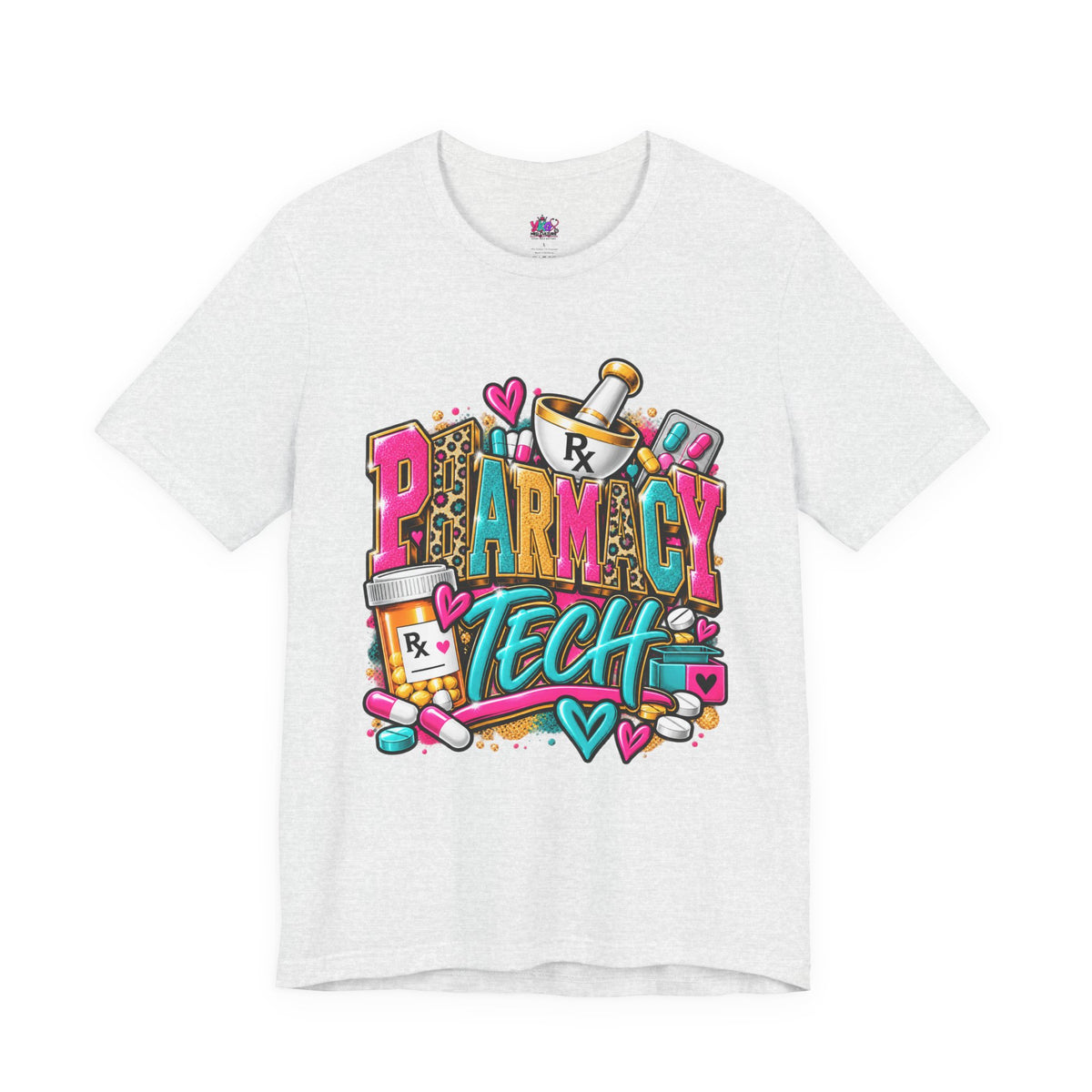 Pharmacy Tech T-Shirt – Colorful Heart & Pill Graphic Tee for Pharmacy Technicians