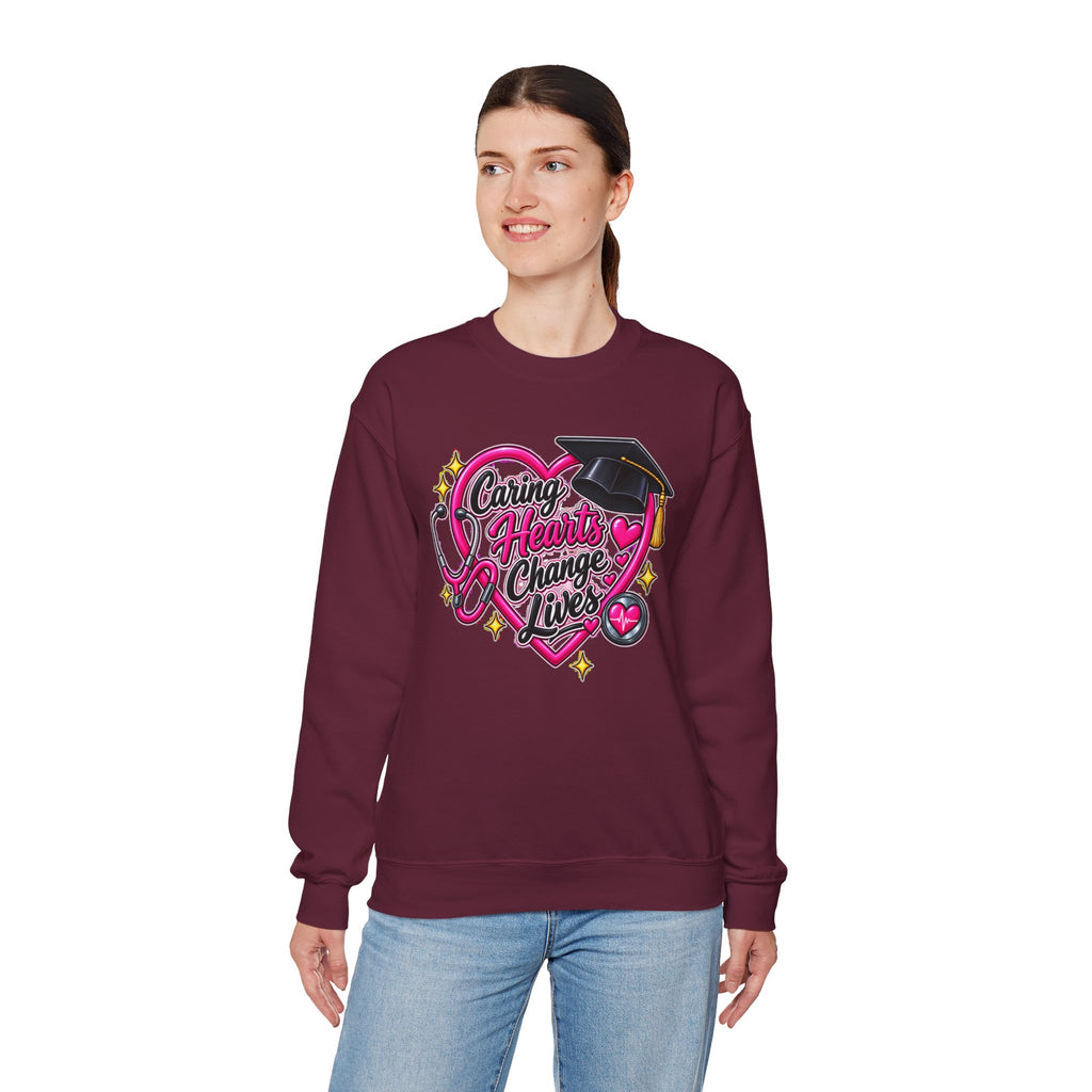 Caring Hearts Change Lives Sweatshirt — Nurse Graduation Stethoscope Crewneck