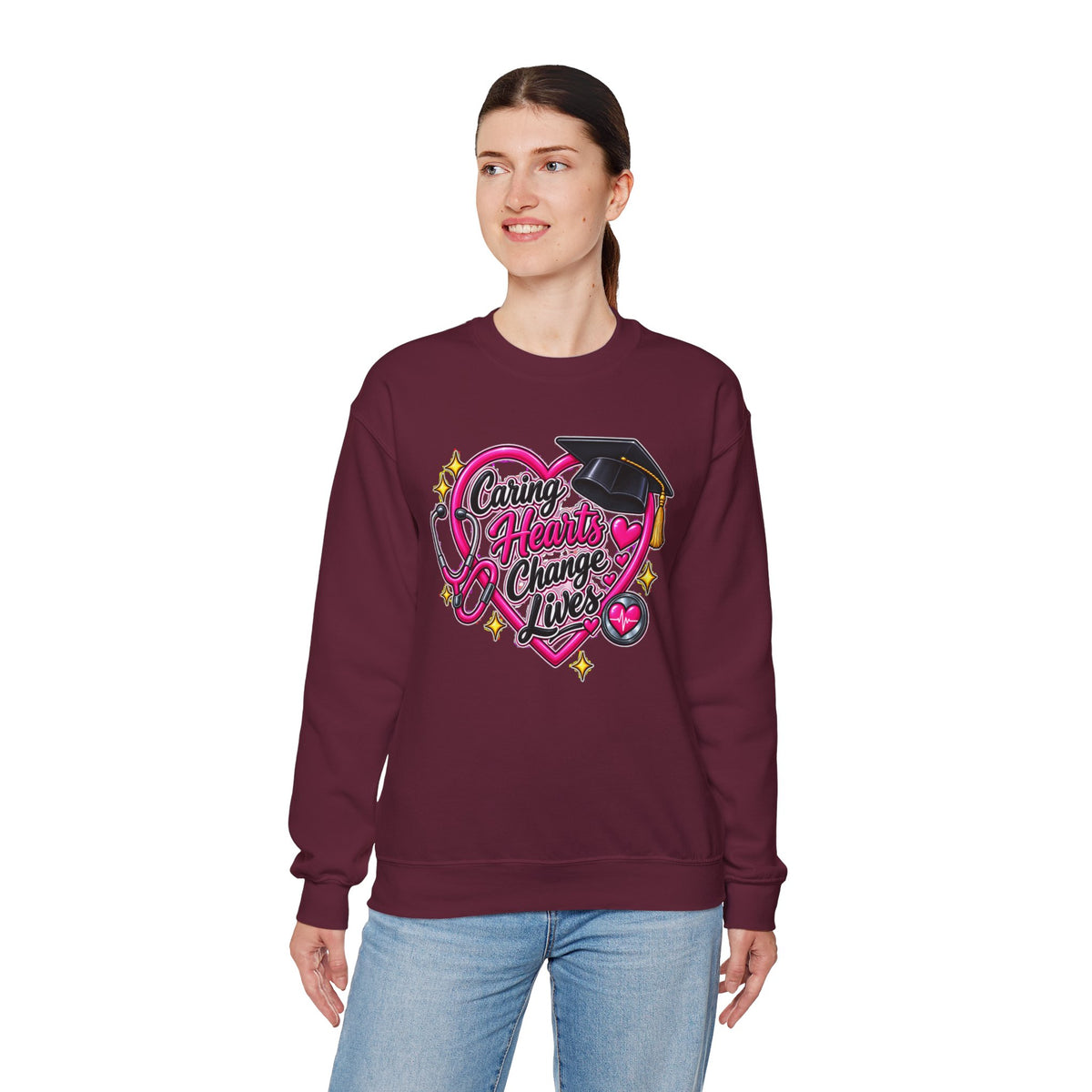 Caring Hearts Change Lives Sweatshirt — Nurse Graduation Stethoscope Crewneck