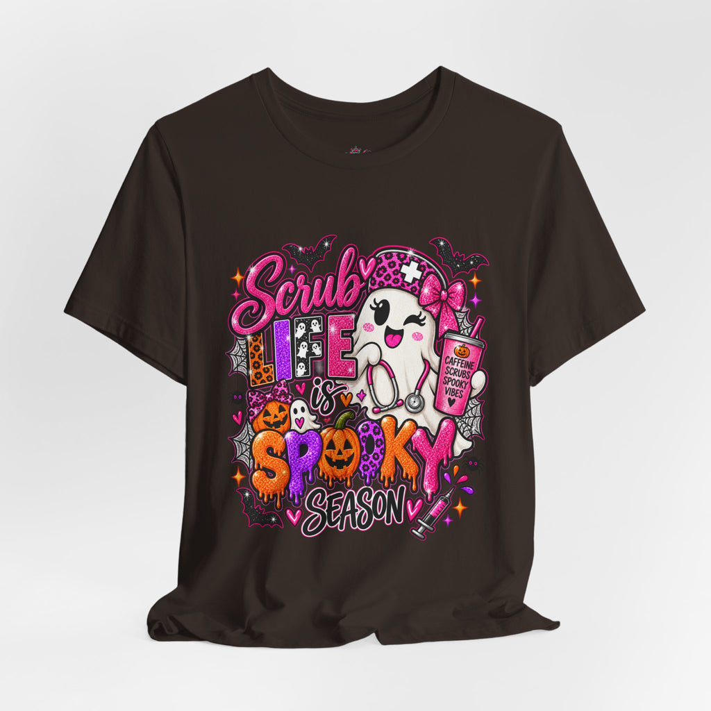 Spooky Season Scrub Life Graphic Tee — Halloween Nurse & Healthcare Cartoon Shirt