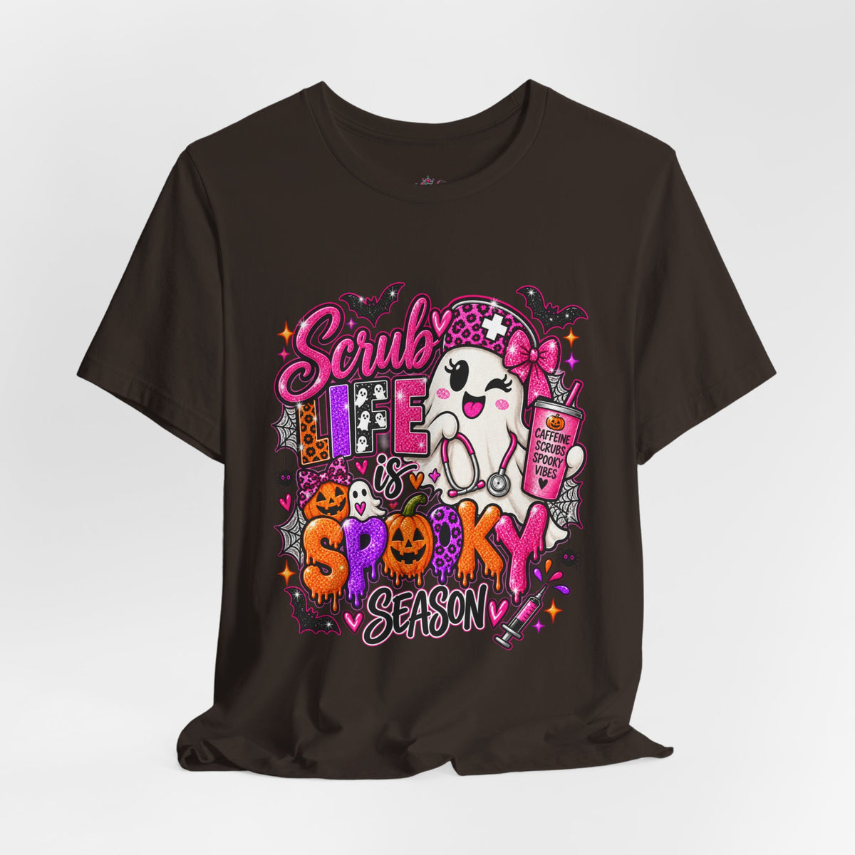 Spooky Season Scrub Life Graphic Tee — Halloween Nurse & Healthcare Cartoon Shirt