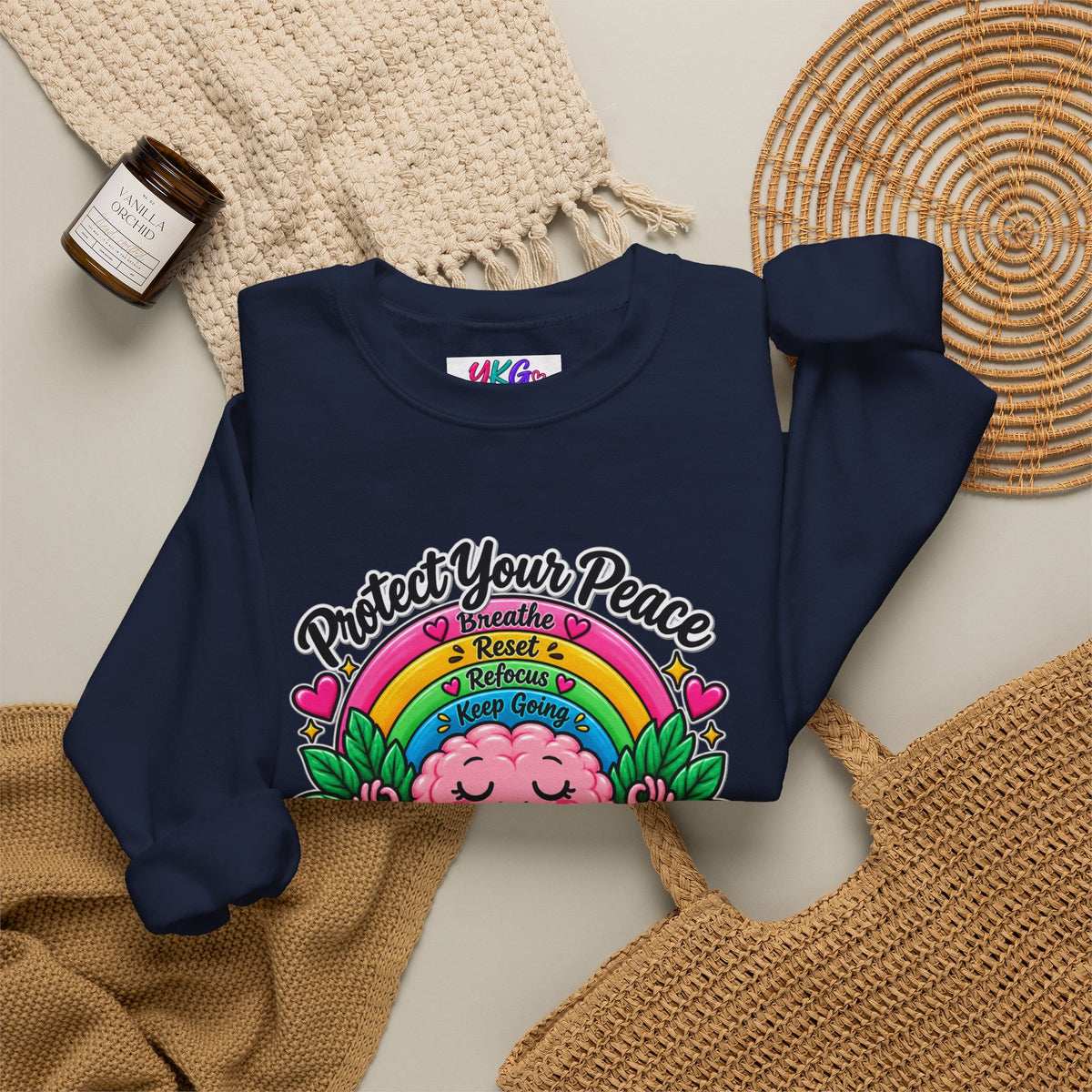 Protect Your Peace Crewneck Sweatshirt — Mental Health Matters Rainbow Brain