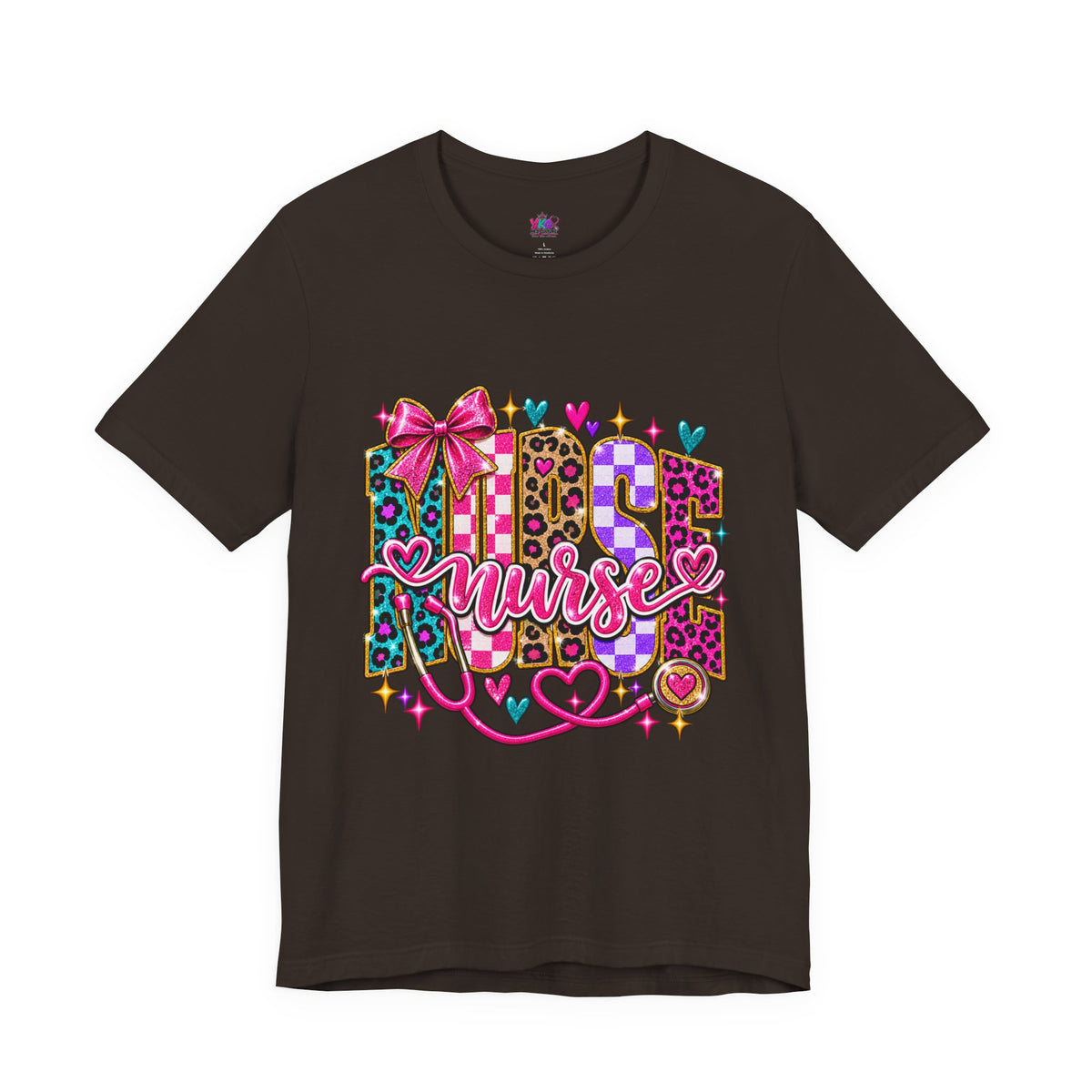 Nurse Graphic Tee — Colorful Leopard Scrub Letters with Hearts & Bow