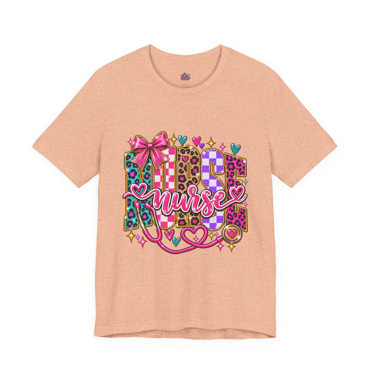Nurse Graphic Tee — Colorful Leopard Scrub Letters with Hearts & Bow