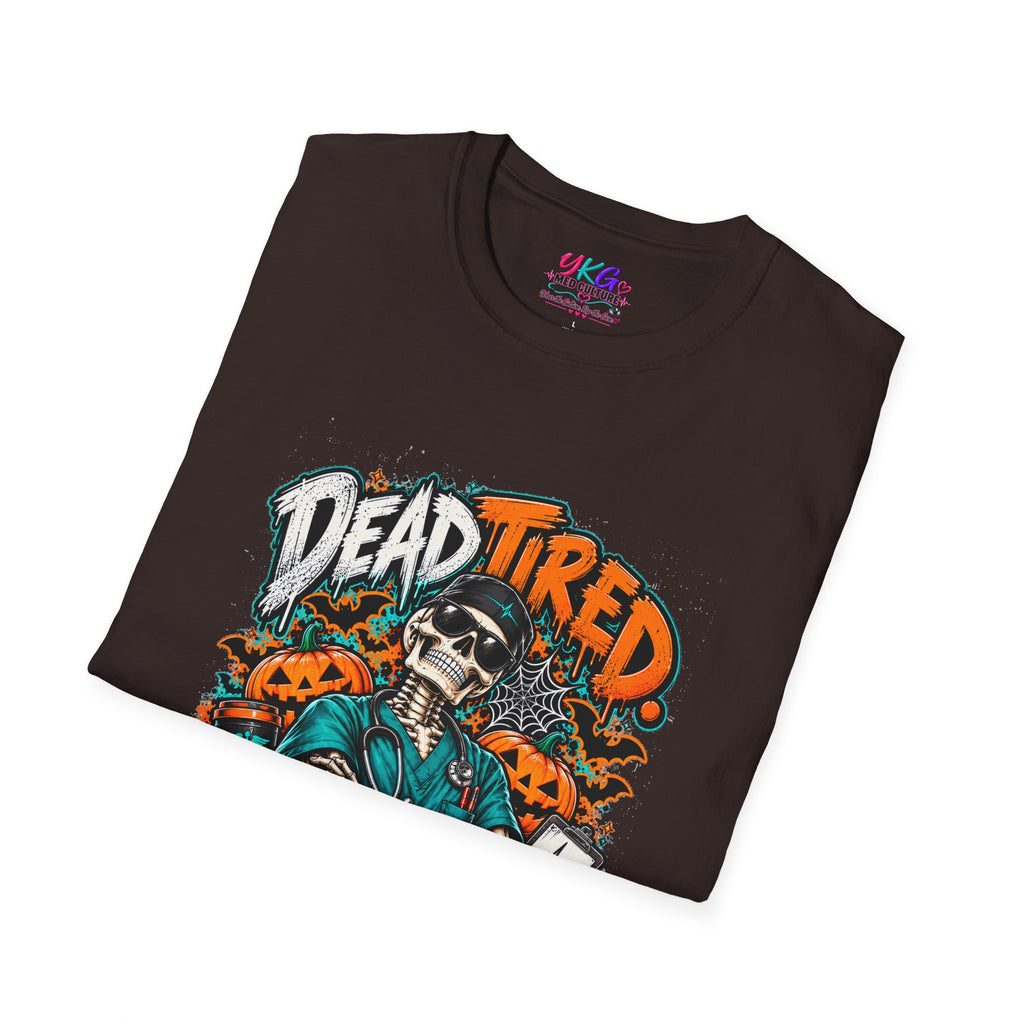 Dead Tired Still Caring T-Shirt — Skull Graphic Tee for Nurses & Caregivers