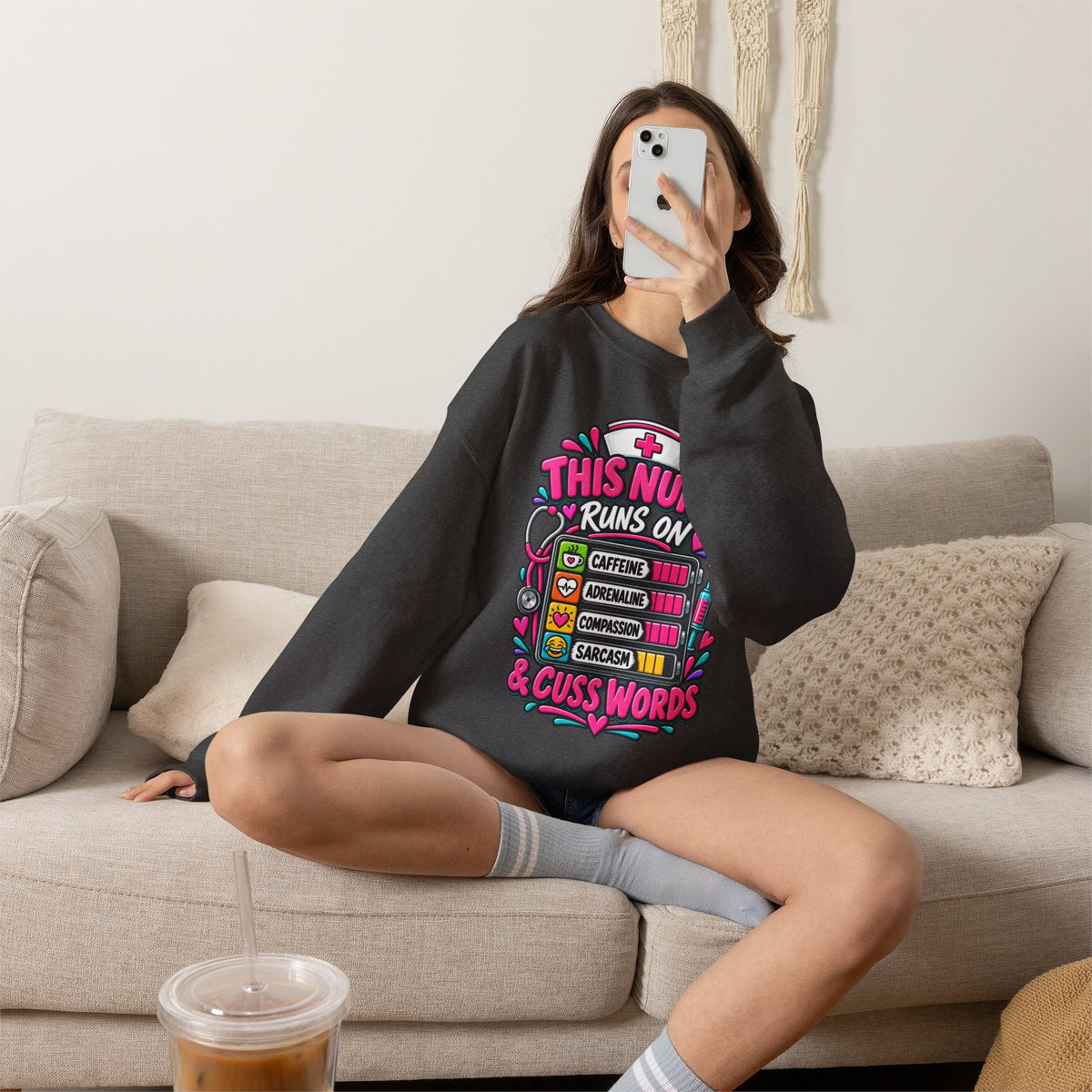 Nurse Crewneck Sweatshirt — "This Nurse Runs on Caffeine, Compassion & Cuss Words" Embroidered