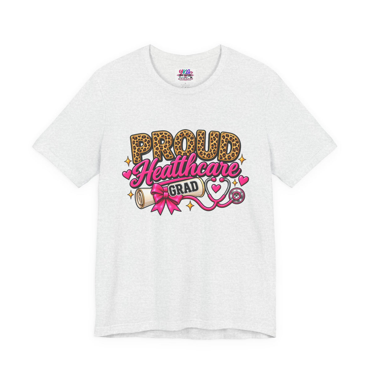 Proud Healthcare Grad T-Shirt — Leopard "PROUD" with Pink Stethoscope & Diploma