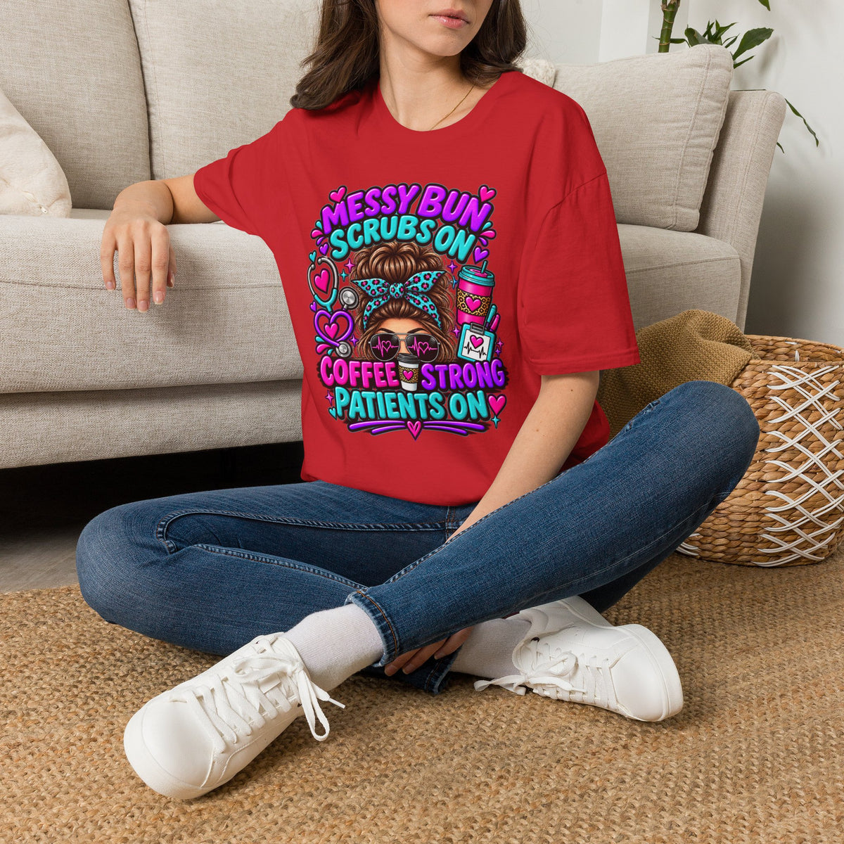 Messy Bun, Scrubs On Tee — Coffee Strong Nurse Shirt