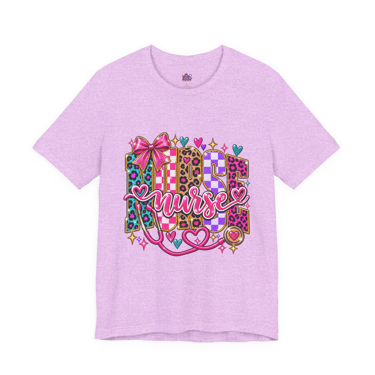 Nurse Graphic Tee — Colorful Leopard Scrub Letters with Hearts & Bow