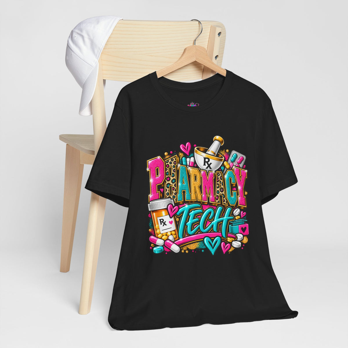 Pharmacy Tech T-Shirt – Colorful Heart & Pill Graphic Tee for Pharmacy Technicians
