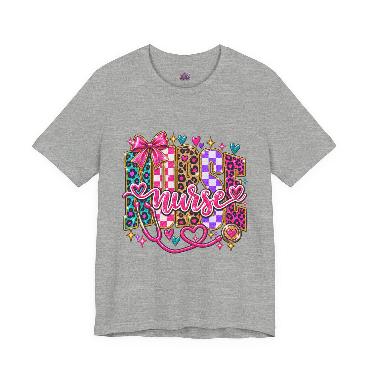Nurse Graphic Tee — Colorful Leopard Scrub Letters with Hearts & Bow