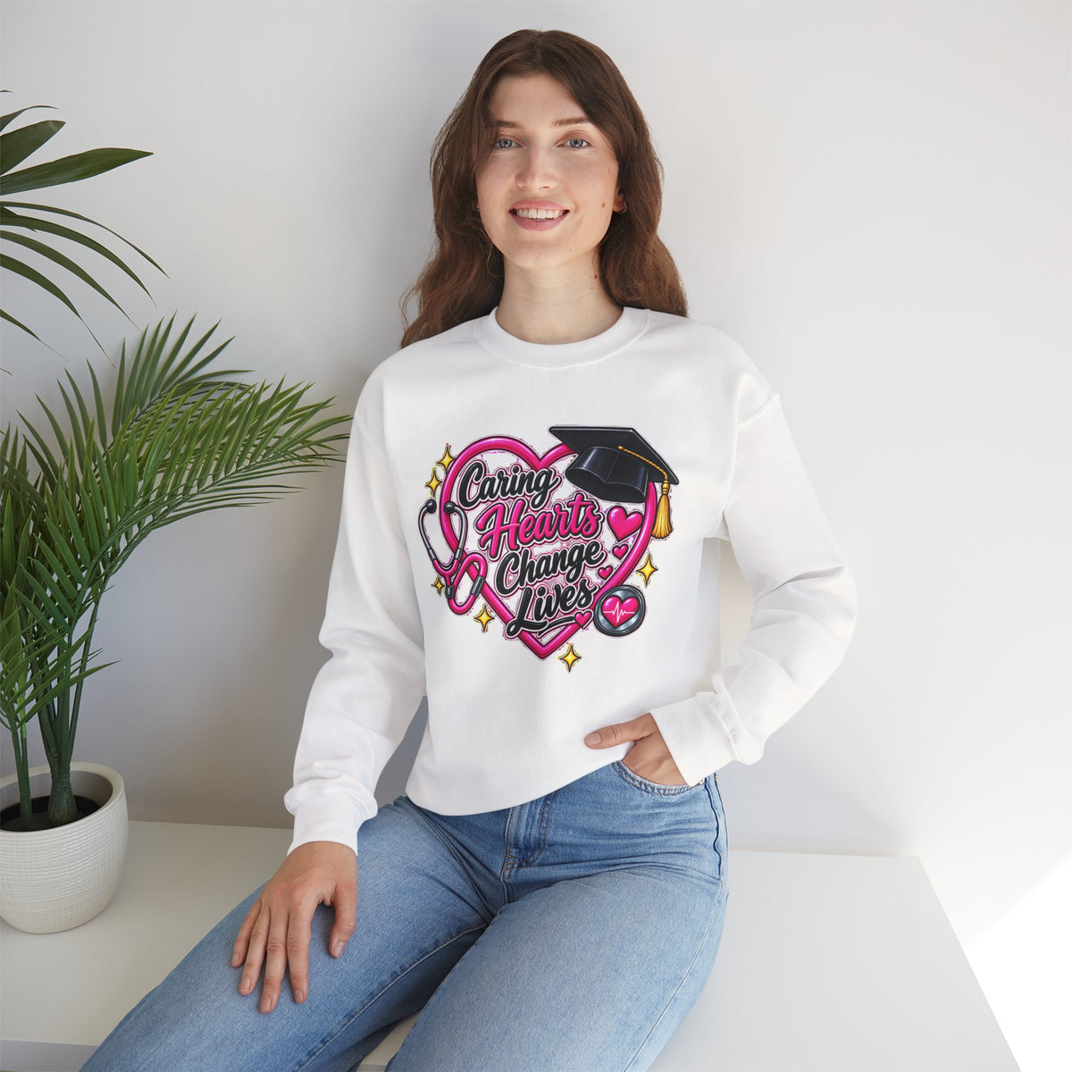 Caring Hearts Change Lives Sweatshirt — Nurse Graduation Stethoscope Crewneck