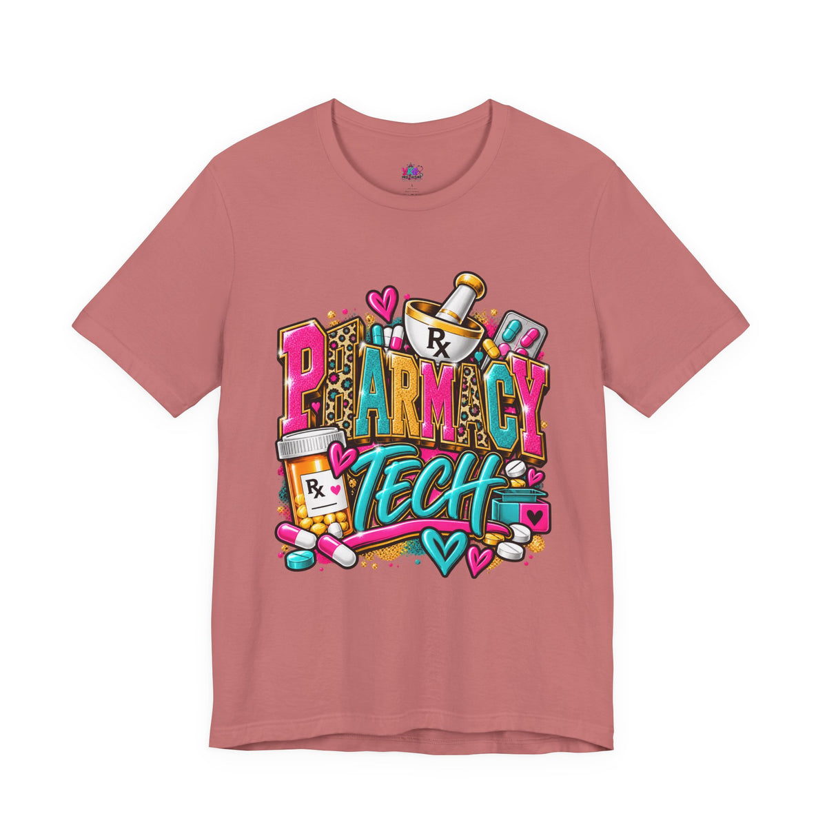 Pharmacy Tech T-Shirt – Colorful Heart & Pill Graphic Tee for Pharmacy Technicians