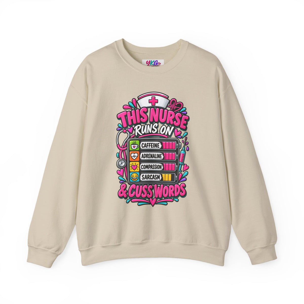 Nurse Crewneck Sweatshirt — "This Nurse Runs on Caffeine, Compassion & Cuss Words" Embroidered