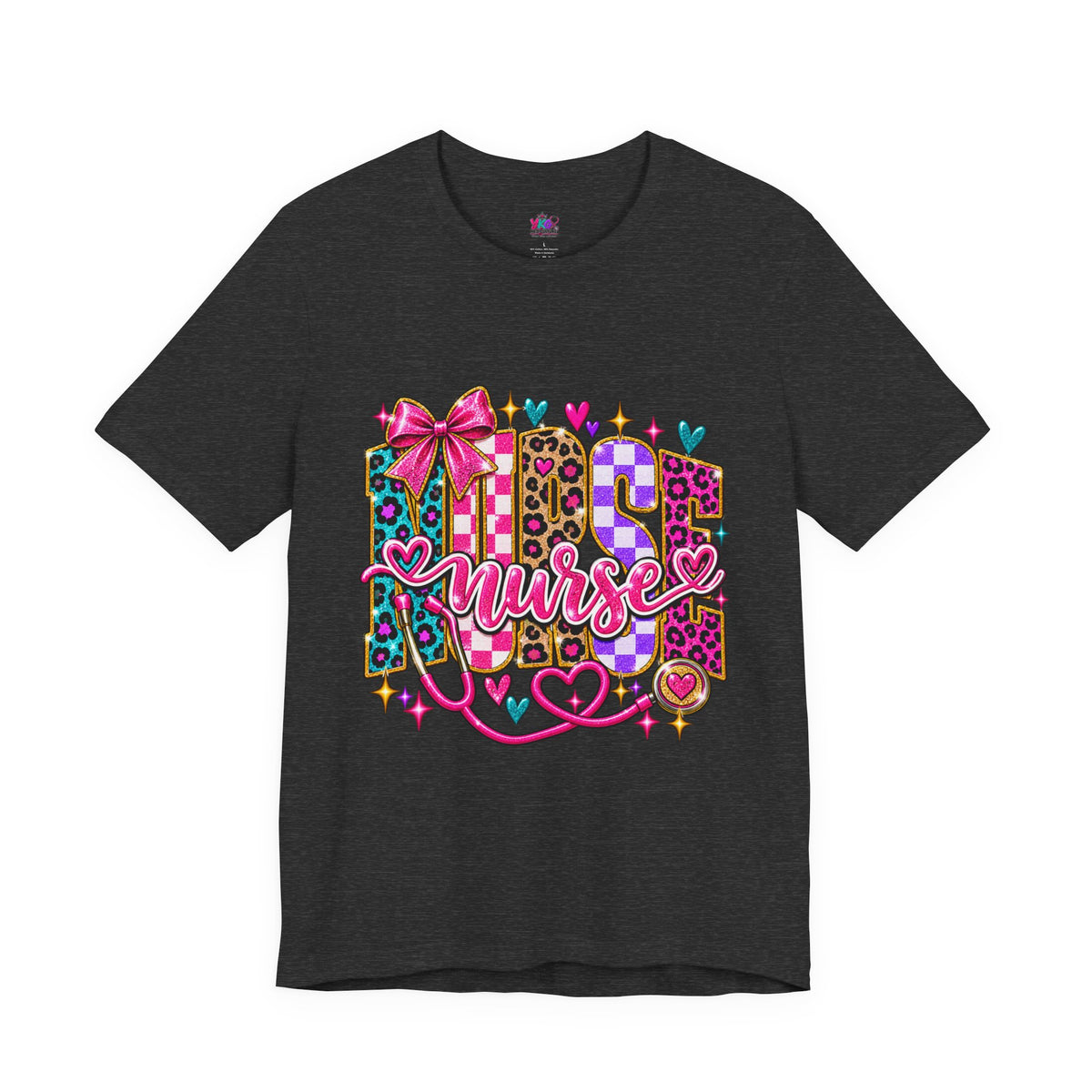 Nurse Graphic Tee — Colorful Leopard Scrub Letters with Hearts & Bow