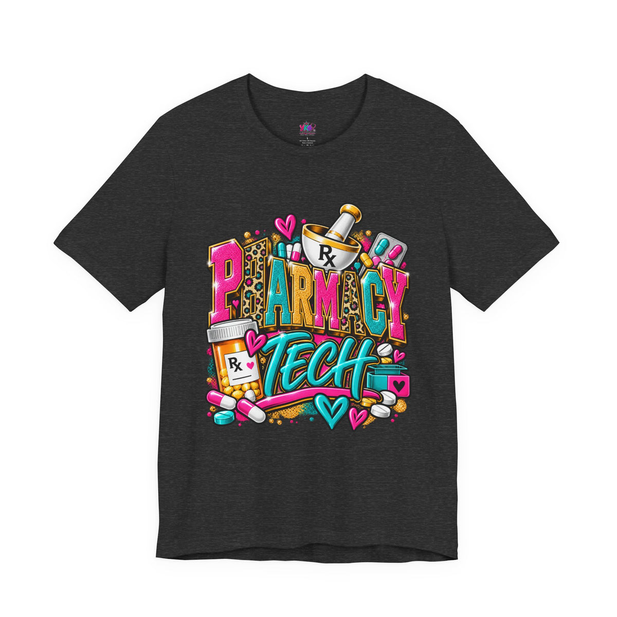 Pharmacy Tech T-Shirt – Colorful Heart & Pill Graphic Tee for Pharmacy Technicians