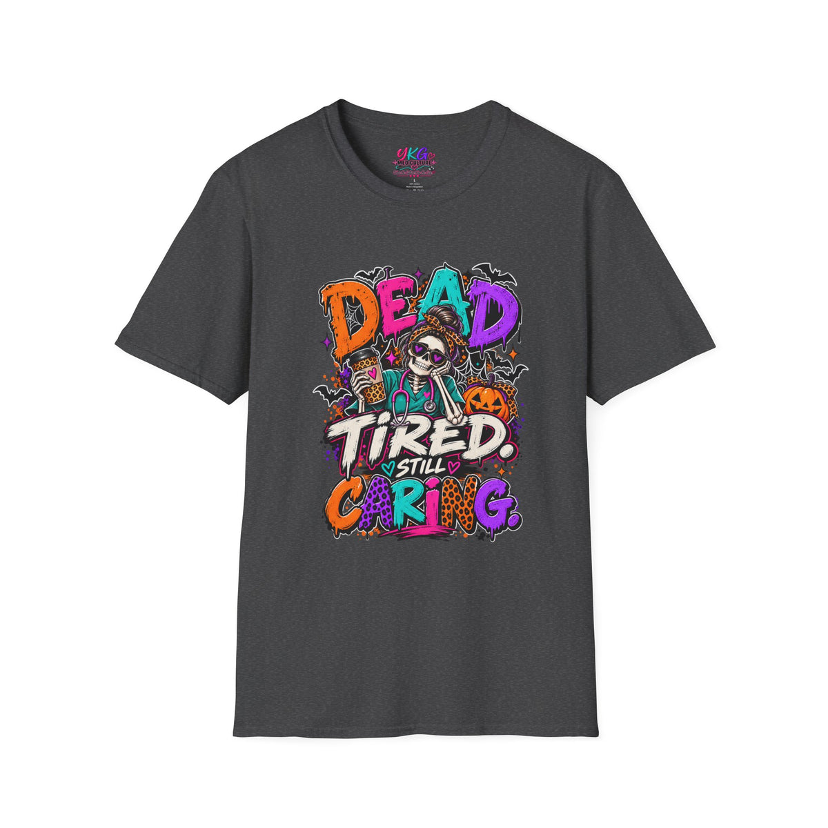 Dead Tired Still Caring Graphic T-Shirt — Funny Gothic Skull Tee