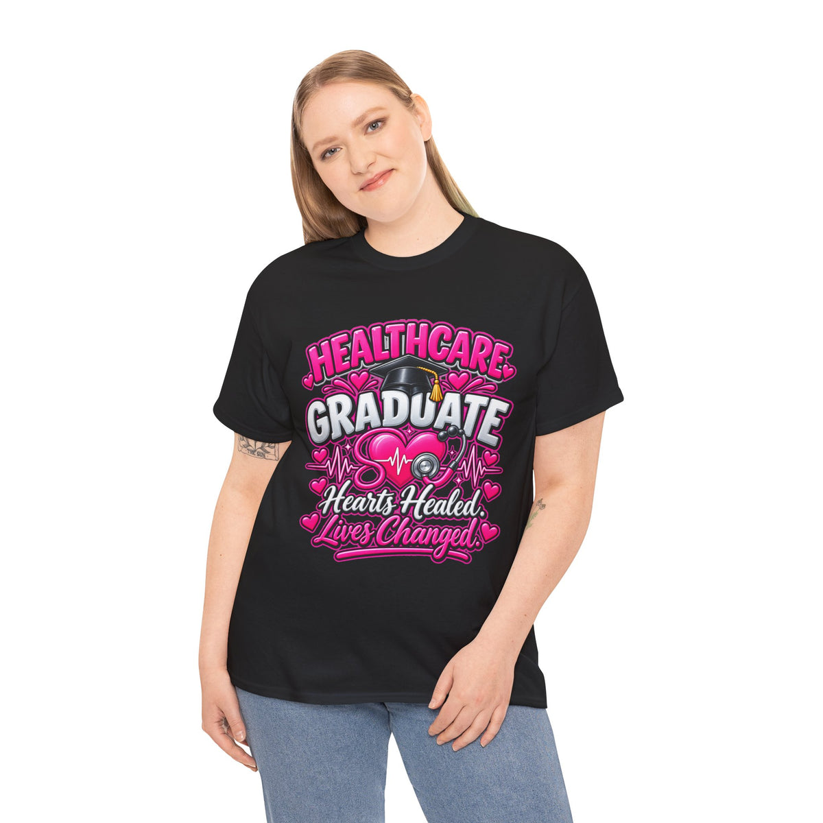 Healthcare Graduate T-Shirt — "Hearts Healed, Lives Changed" Nursing Grad Tee