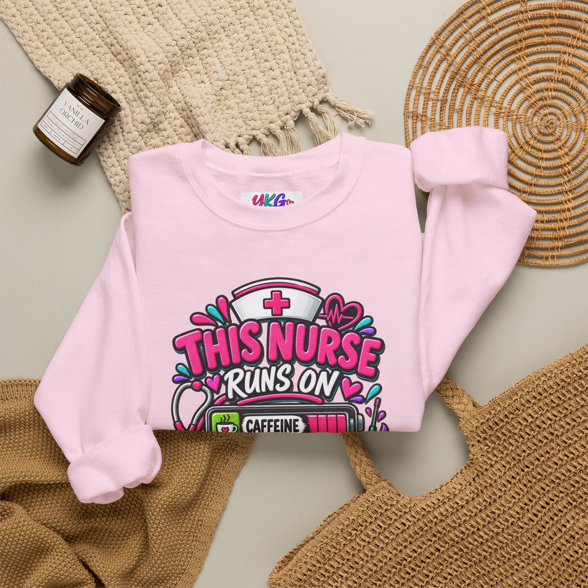 Nurse Crewneck Sweatshirt — "This Nurse Runs on Caffeine, Compassion & Cuss Words" Embroidered
