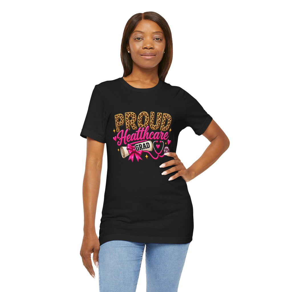 Proud Healthcare Grad T-Shirt — Leopard "PROUD" with Pink Stethoscope & Diploma