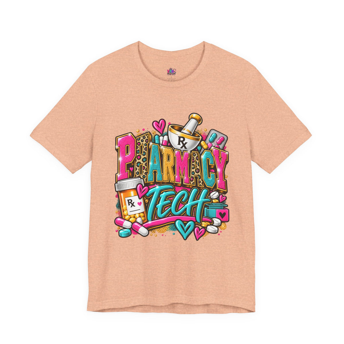 Pharmacy Tech T-Shirt – Colorful Heart & Pill Graphic Tee for Pharmacy Technicians